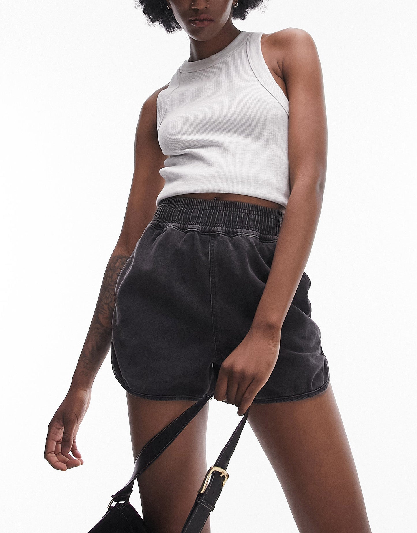 Topshop Tall denim track short in washed black