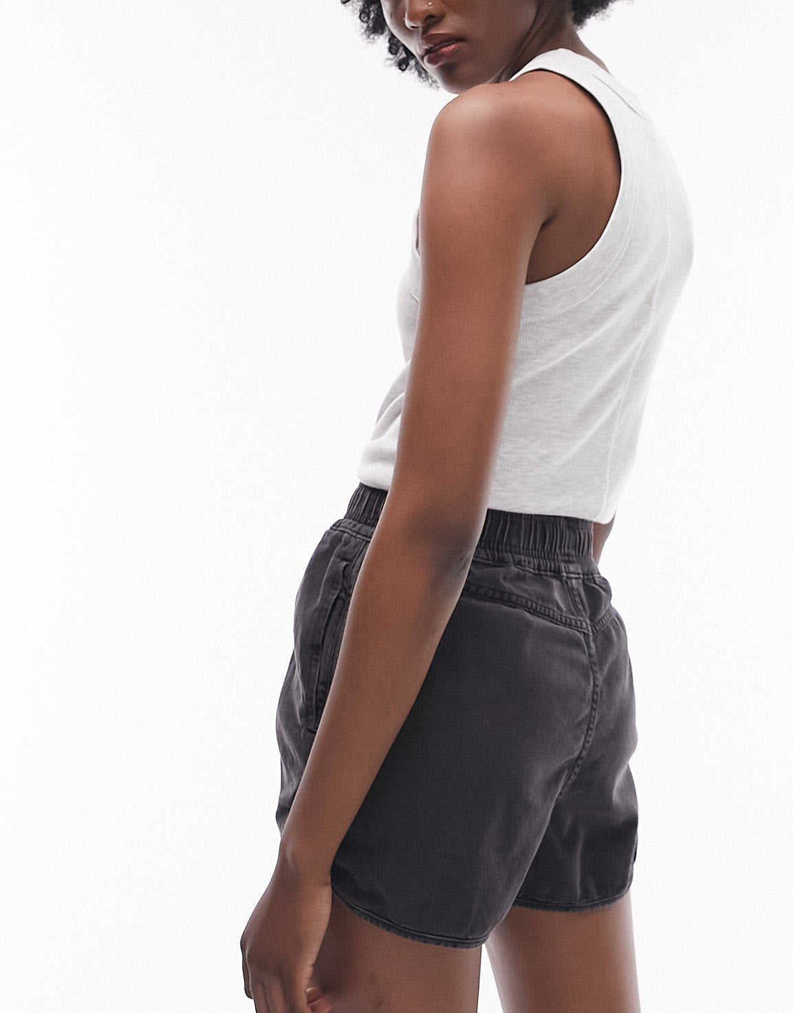 Topshop Tall denim track short in washed black