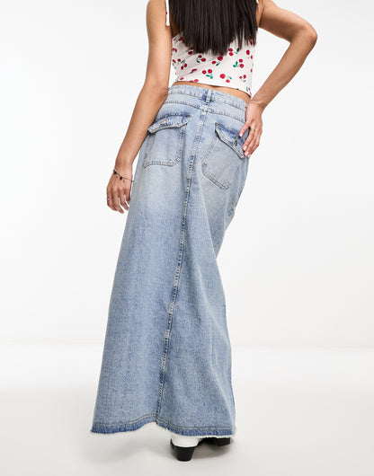 Miss Selfridge denim pocket detail maxi skirt in light wash blue