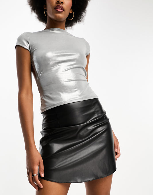 ASOS DESIGN Tall faux leather curved hem mini skirt in black