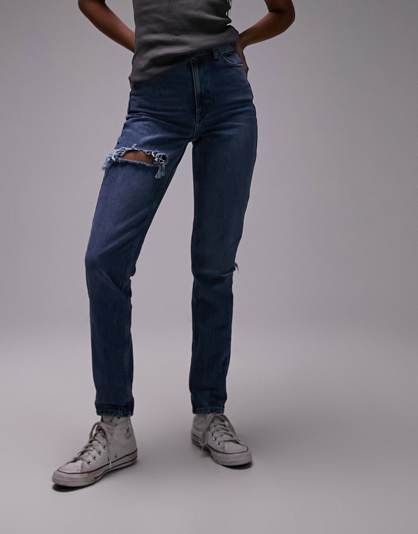 Topshop Tall Mom jeans with brixton rip in mid blue