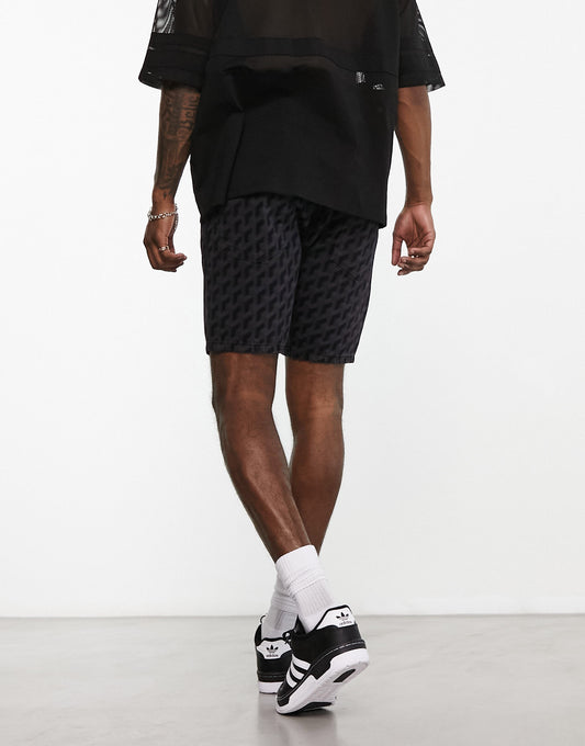 ASOS DESIGN slim mid length denim shorts in black laser print