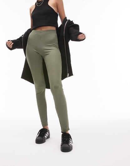 Topshop Petite skinny rib legging in khaki