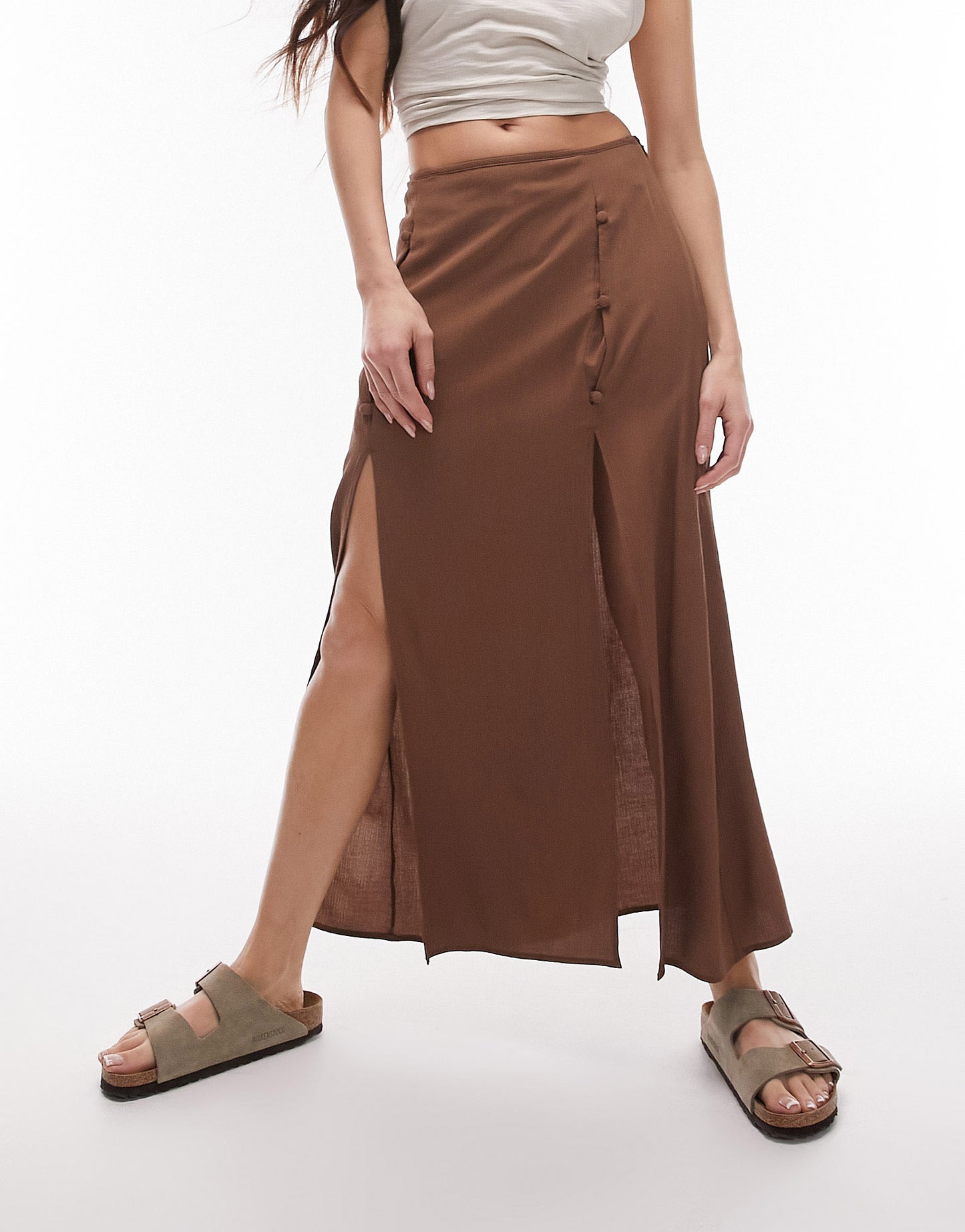 Topshop button split midi skirt in chocolate