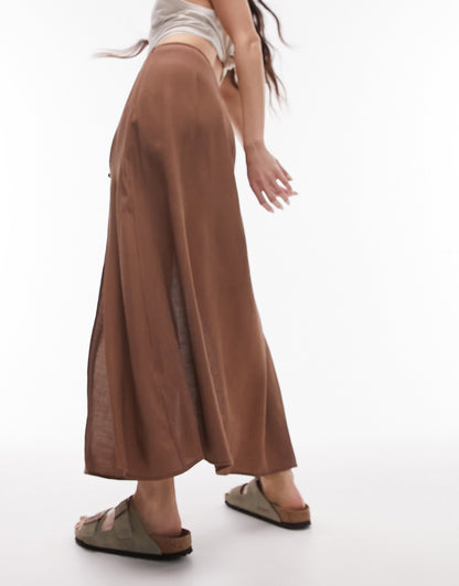 Topshop button split midi skirt in chocolate