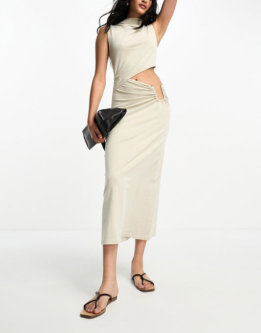 ASOS DESIGN maxi dress with side cut out and gold trim in oat