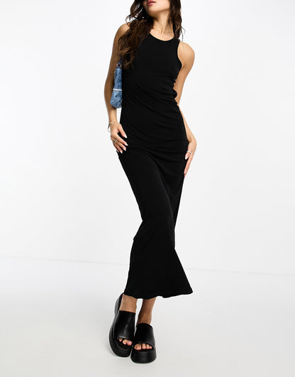 Stradivarius rib tank midi dress in black