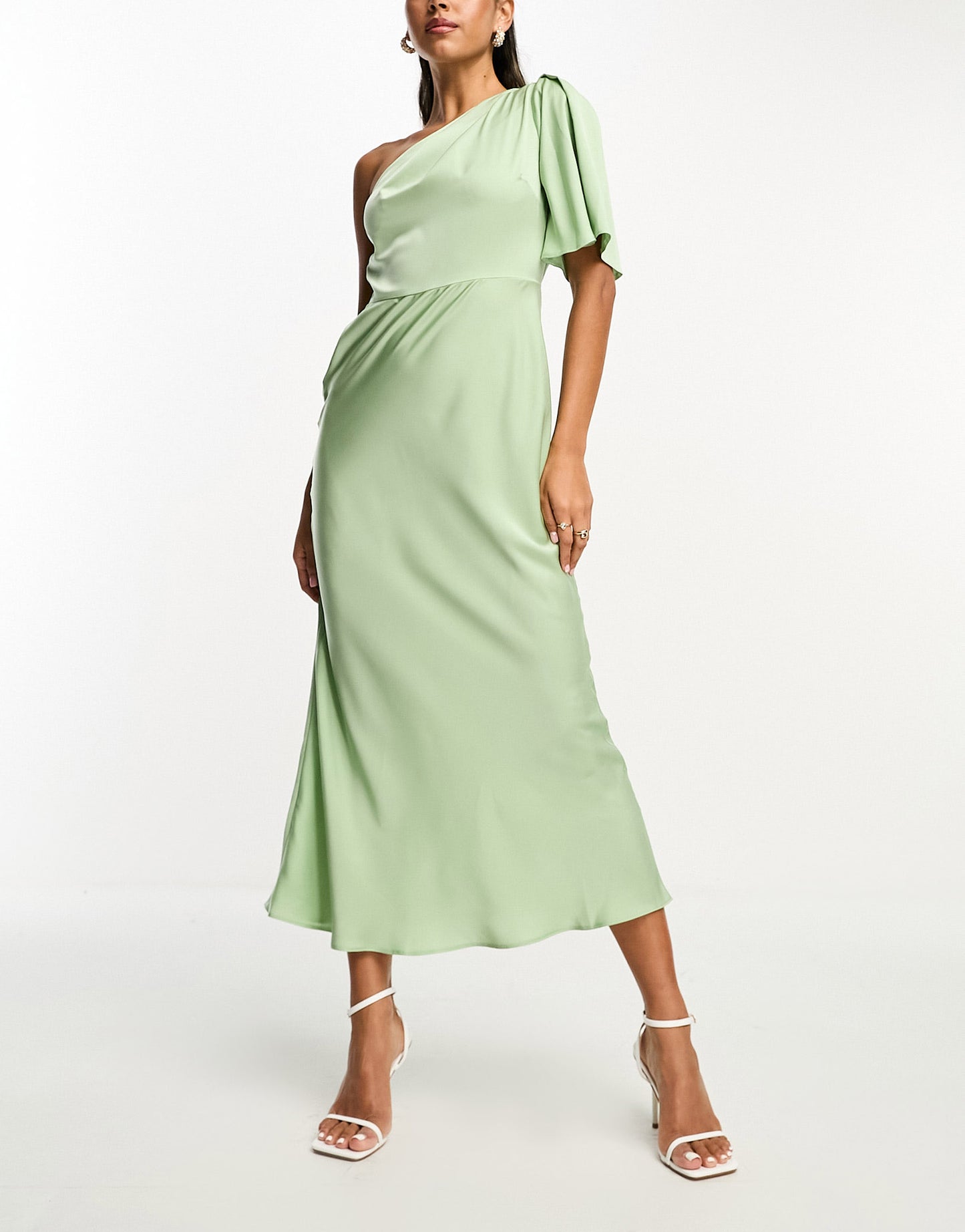 ASOS DESIGN satin one shoulder flutter sleeve midaxi dress in sage