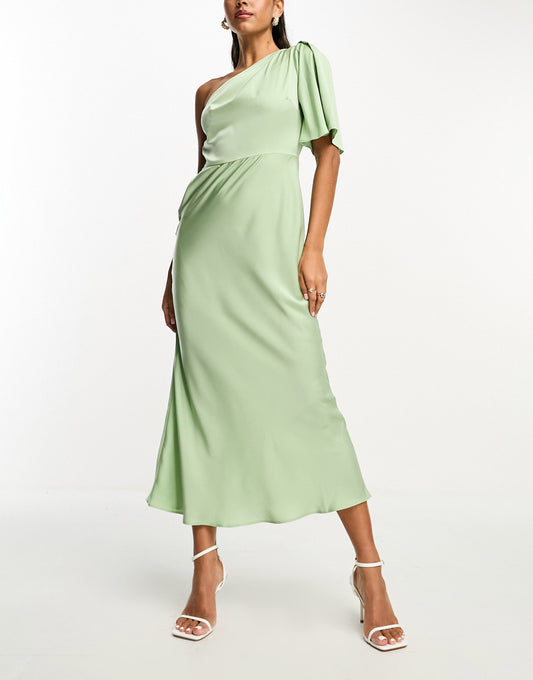 ASOS DESIGN satin one shoulder flutter sleeve midaxi dress in sage