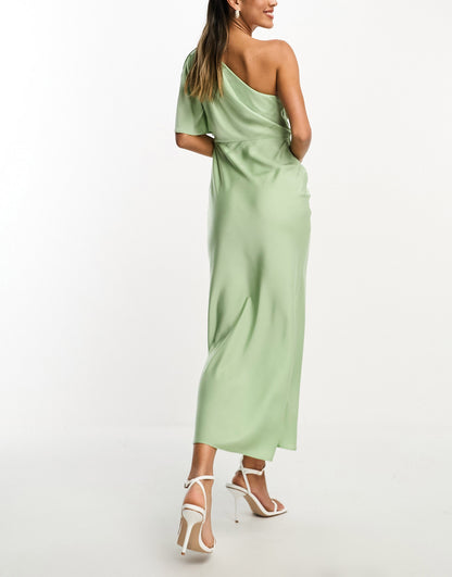 ASOS DESIGN satin one shoulder flutter sleeve midaxi dress in sage