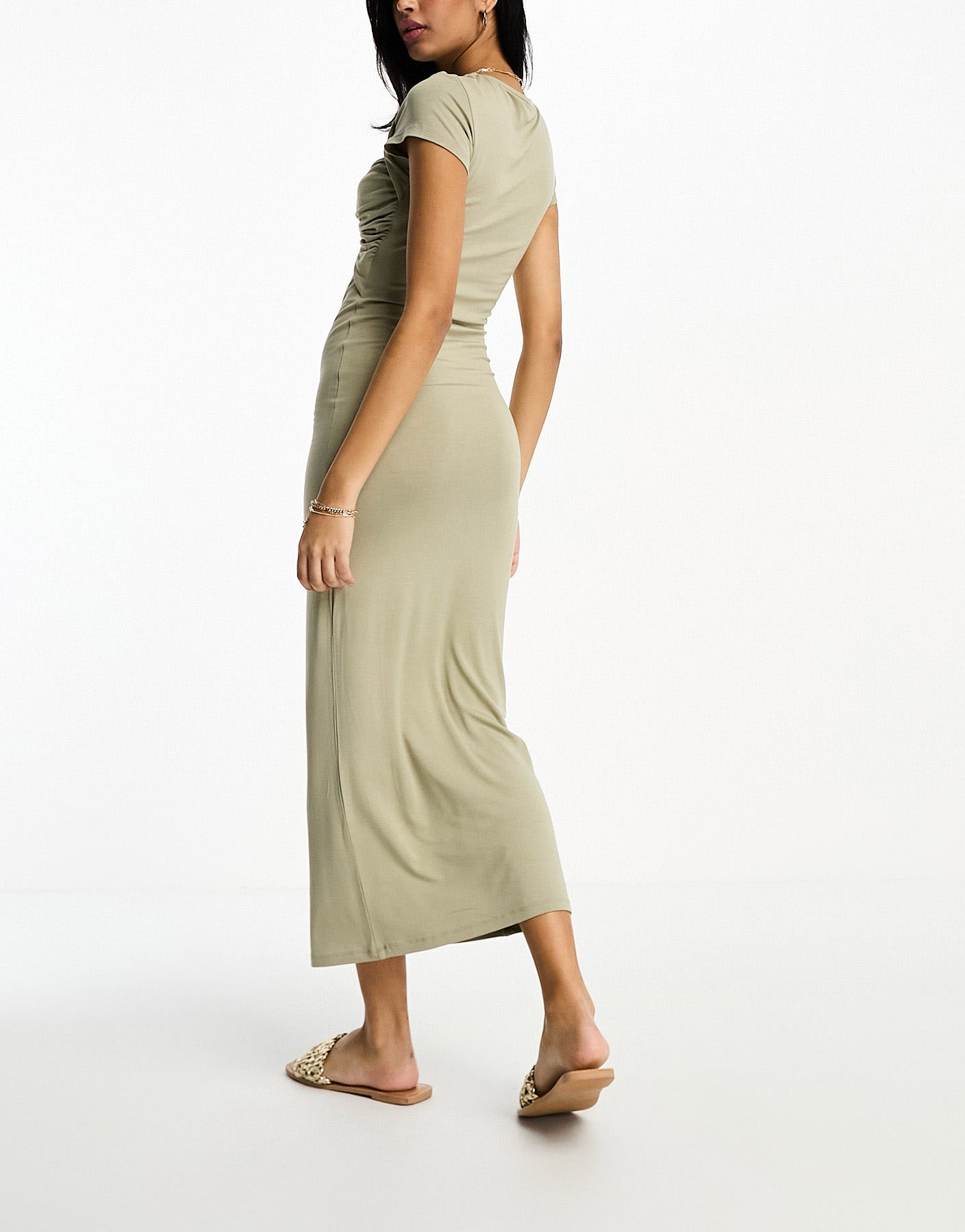 ASOS DESIGN capped sleeve midi dress with twist bust and cut out in sage