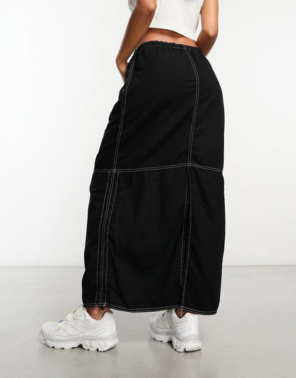 Bershka contrast stitch cargo maxi skirt in black