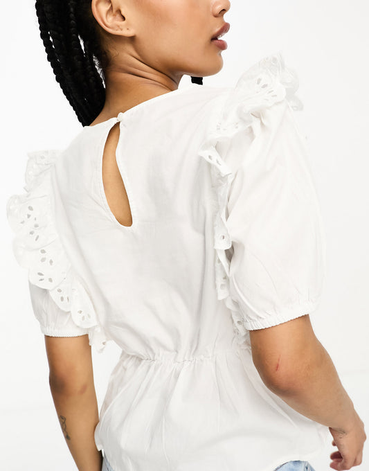 JDY Petite broderie peplum blouse with frill detailing in white