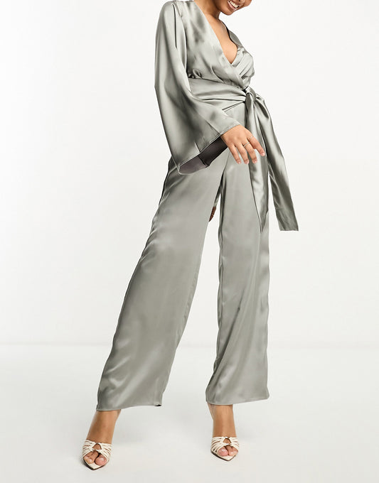 Pretty Lavish tie front jumpsuit with pockets in slate grey