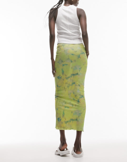 Topshop Tall primrose blurred picot trim midi skirt in yellow