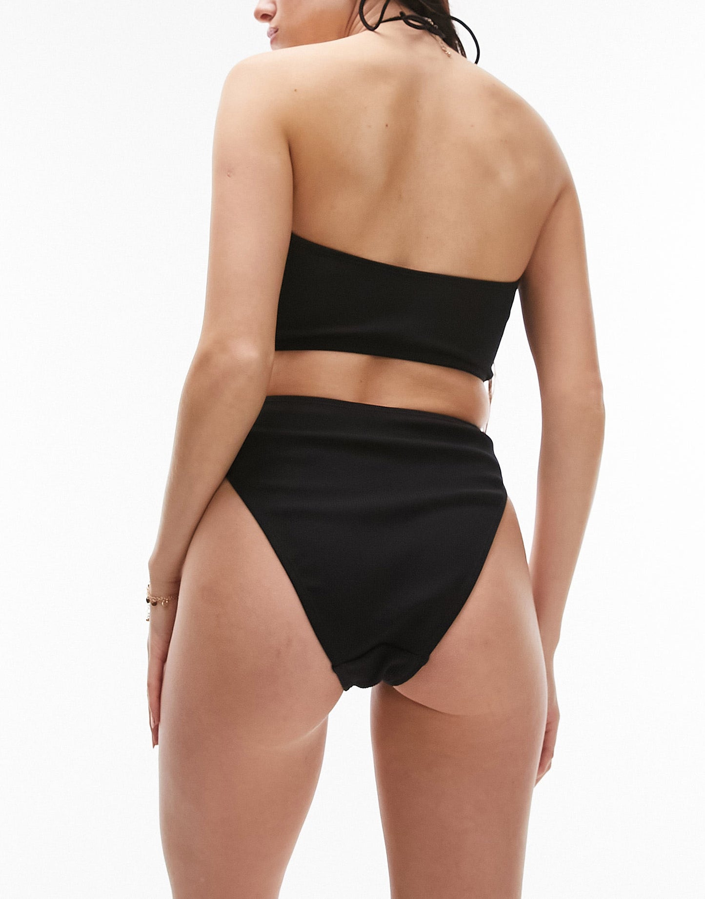 Topshop high waist high leg rib bikini bottom in black