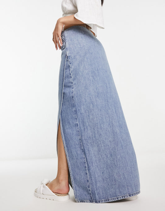 Urban Revivo wrap denim maxi skirt in blue