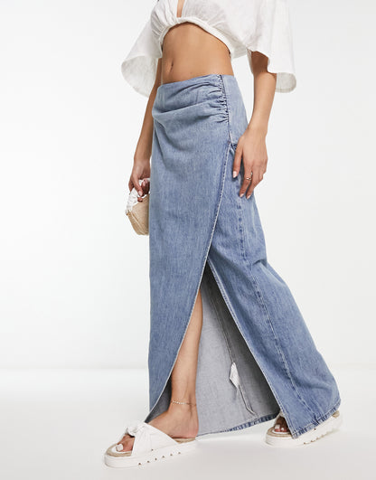 Urban Revivo wrap denim maxi skirt in blue