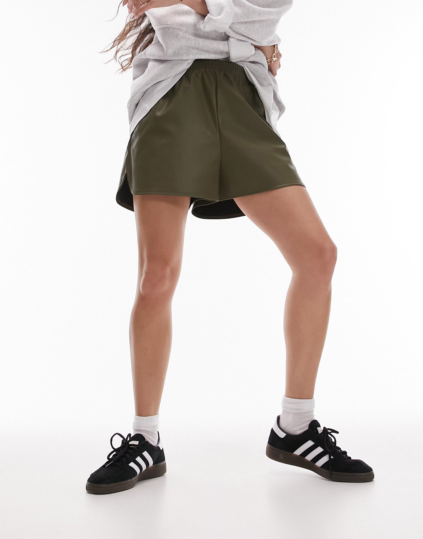 Topshop faux leather runner short in khaki