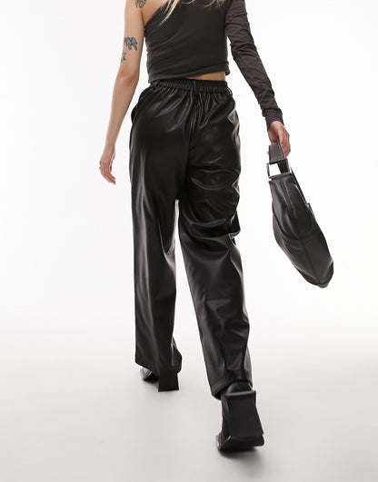 Topshop Petite faux leather dad pleated wide leg trouser in black