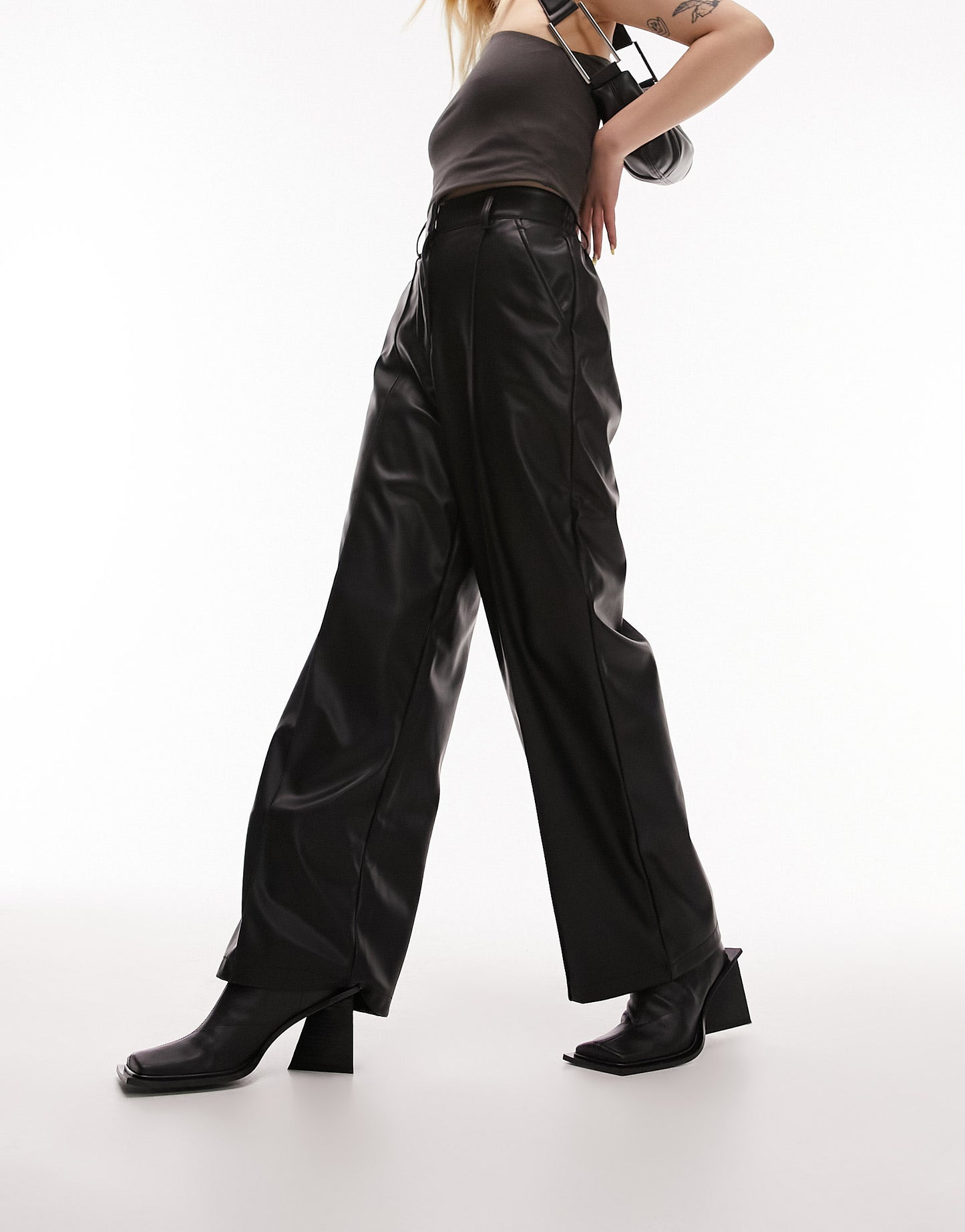 Topshop Petite faux leather dad pleated wide leg trouser in black