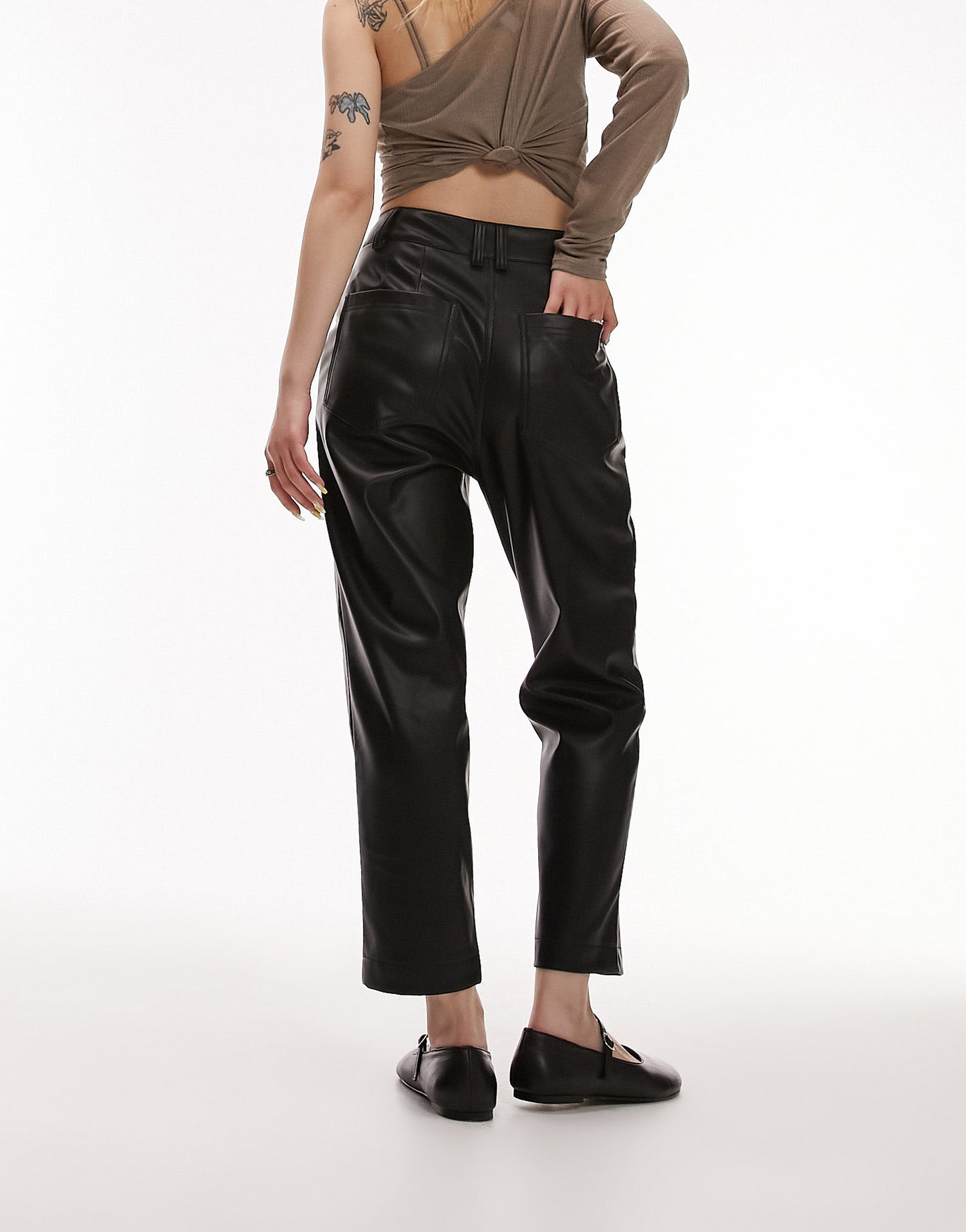 Topshop Petite faux leather high waist pleated peg trouser in black