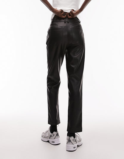 Topshop Tall faux leather high waist pleated peg trouser in black