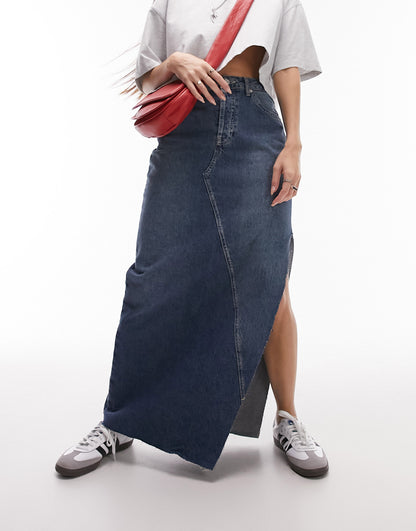 Topshop denim maxi skirt with thigh split in indigo