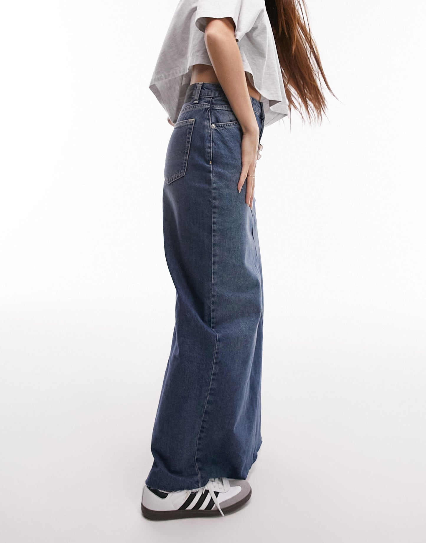 Topshop denim maxi skirt with thigh split in indigo