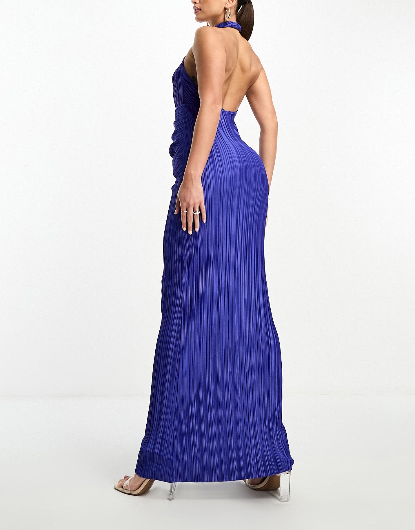 ASOS DESIGN Tall plunge halter cowl back plisse maxi dress in cobalt blue