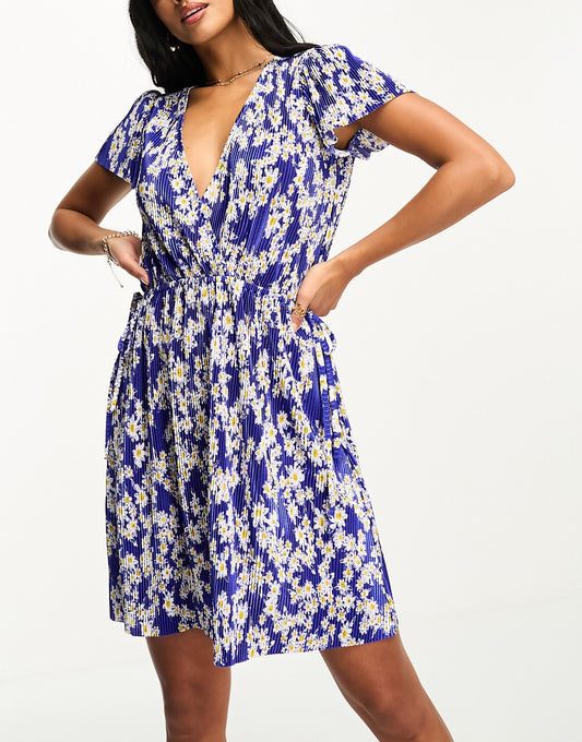 ASOS DESIGN Petite plisse puff sleeve mini dress with elastic side tie in blue daisy