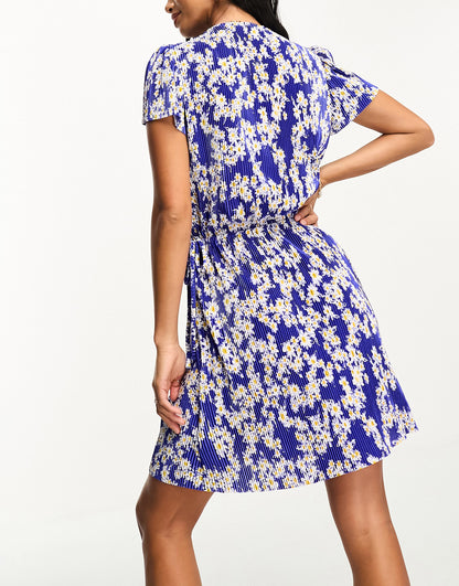 ASOS DESIGN Petite plisse puff sleeve mini dress with elastic side tie in blue daisy