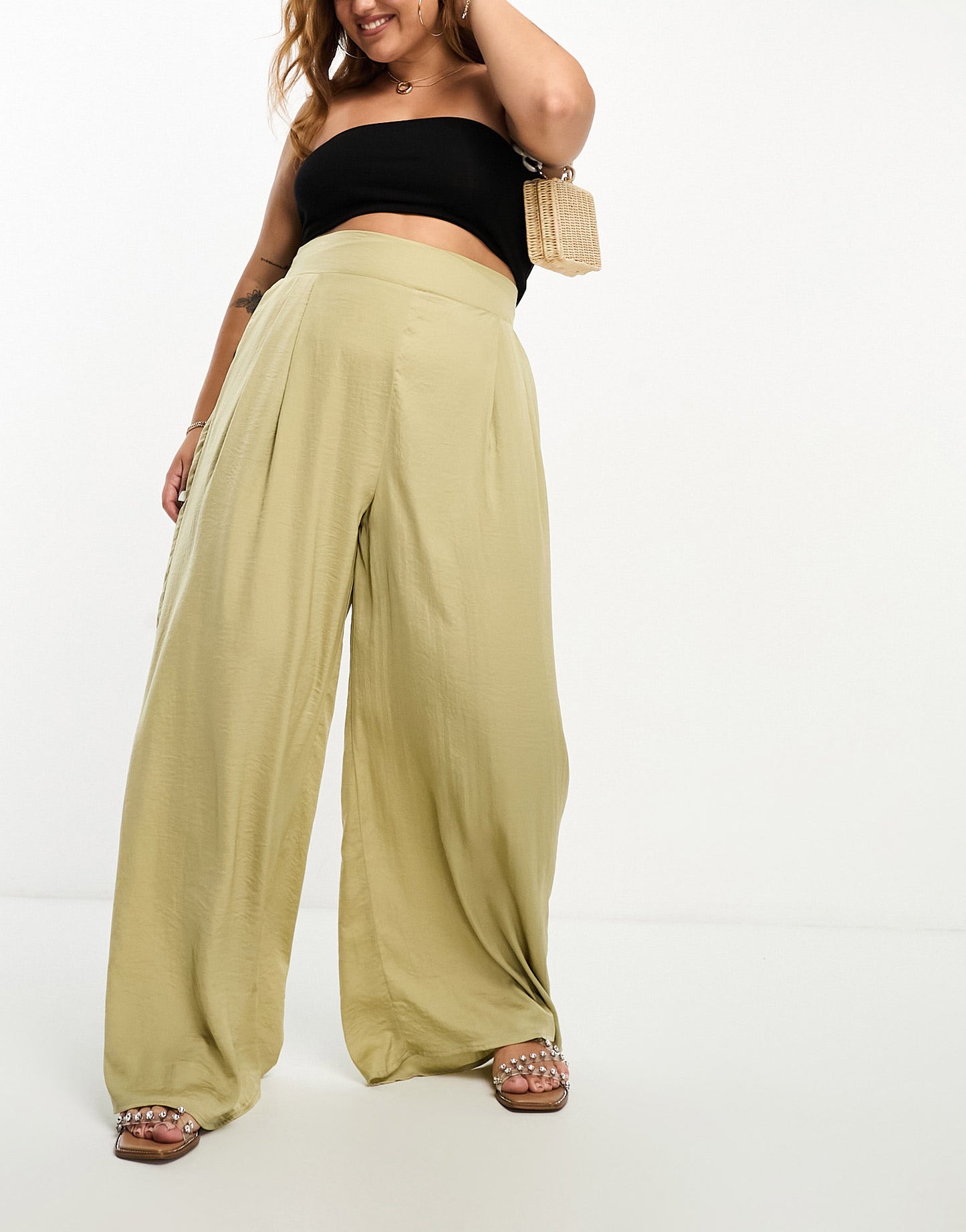 River Island Plus wide leg palazzo trouser in light khaki