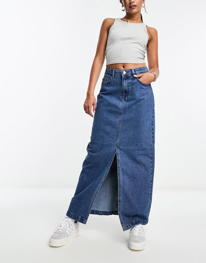 Vero Moda column denim skirt in dark blue