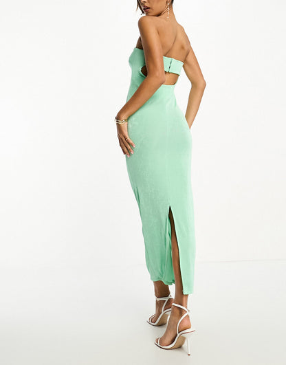 ASOS DESIGN bandeau draped tucked midi dress in textured slinky in mint