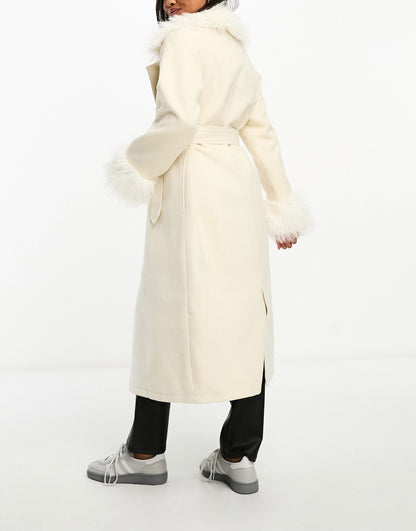 Threadbare Petite Blair formal maxi coat with tie waist and faux fur trims in beige