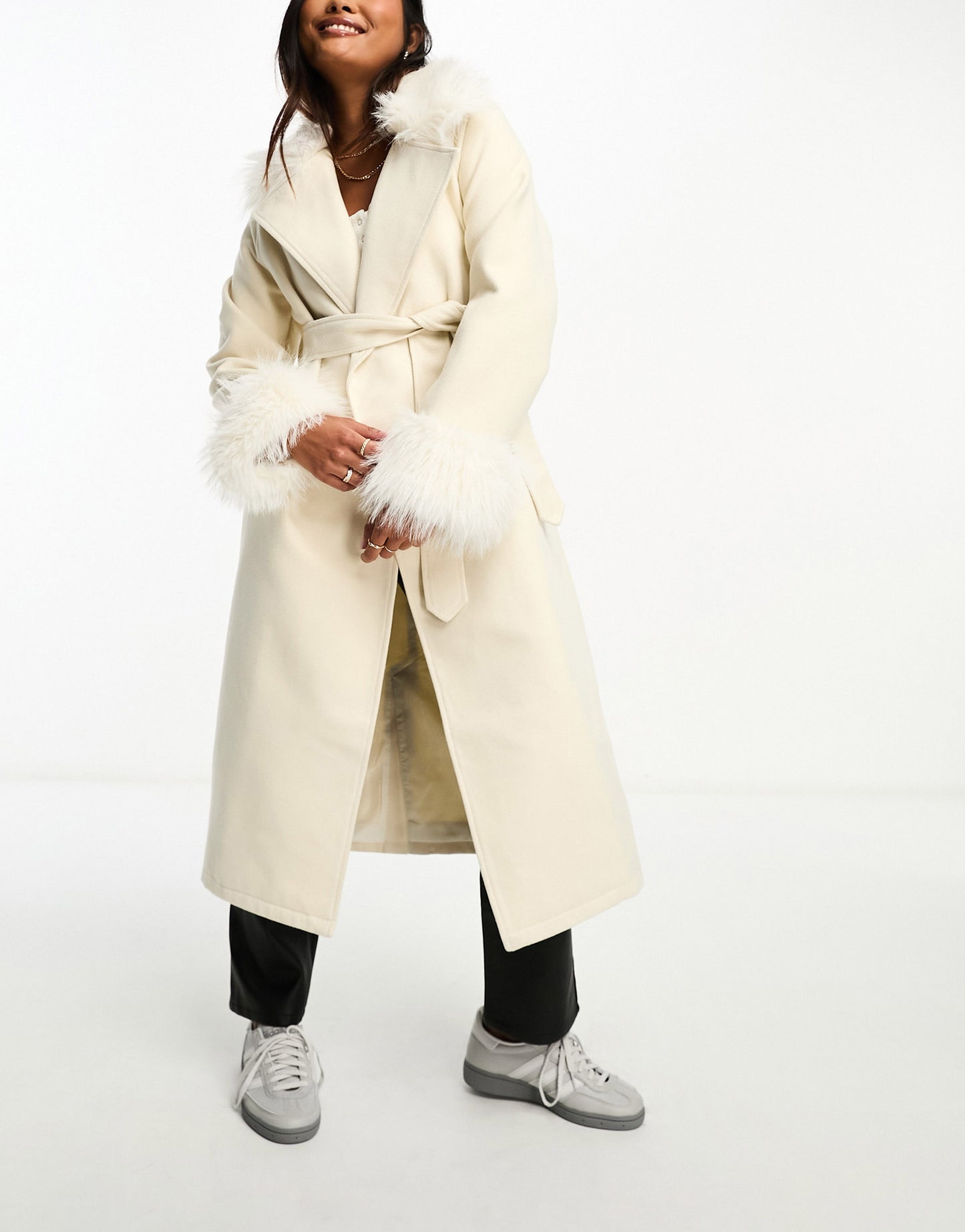 Threadbare Petite Blair formal maxi coat with tie waist and faux fur trims in beige