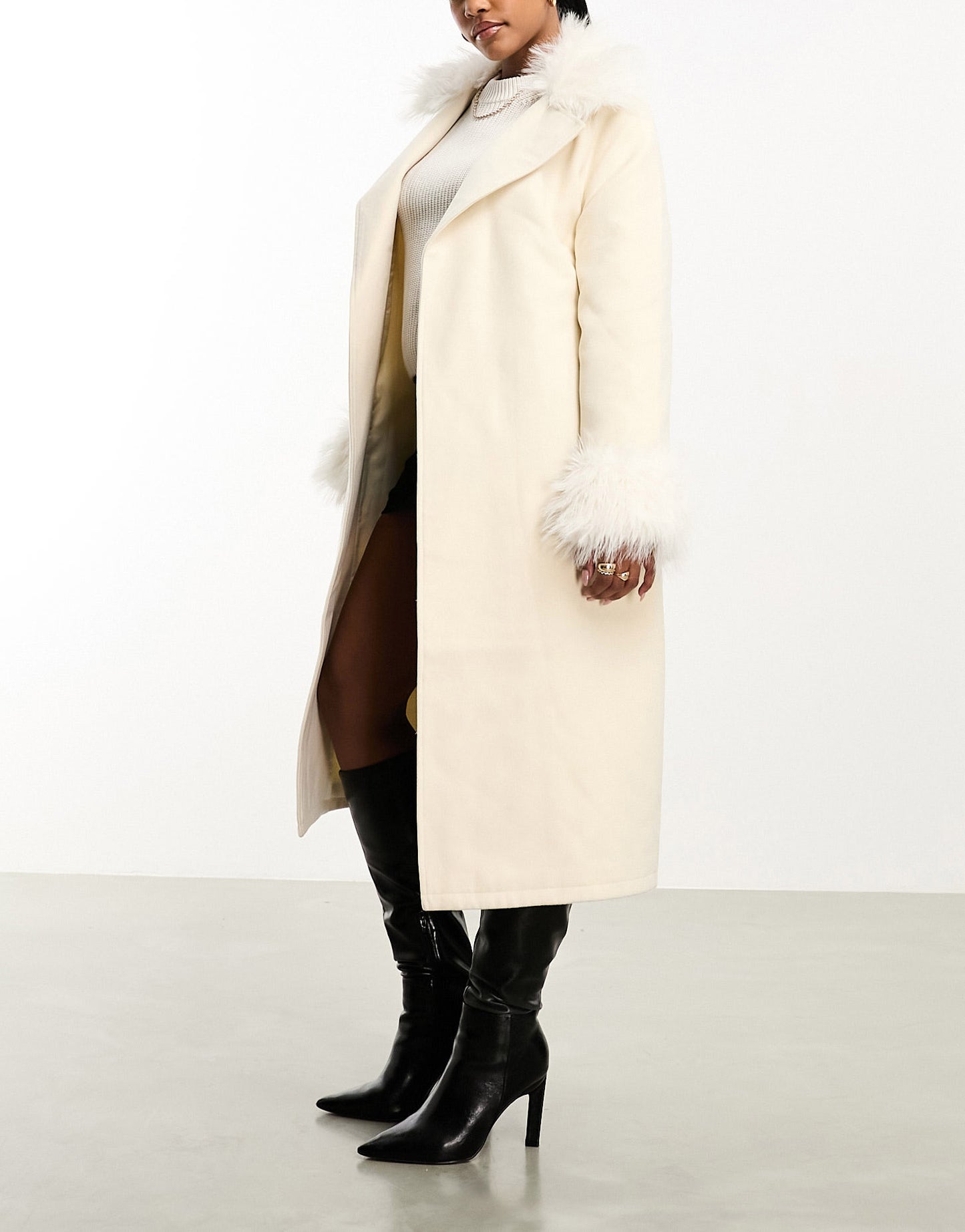 Threadbare Blair formal maxi coat with tie waist and faux fur trims in white