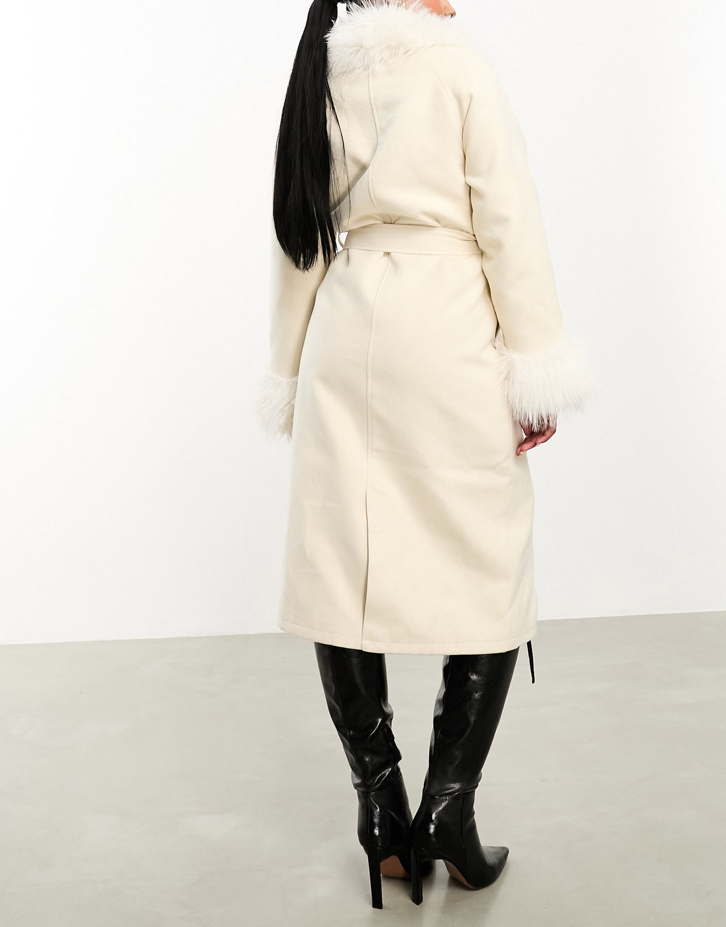 Threadbare Blair formal maxi coat with tie waist and faux fur trims in white