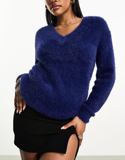 Threadbare Ivy fluffy v neck oversized jumper in navy