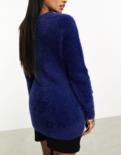 Threadbare Ivy fluffy v neck oversized jumper in navy