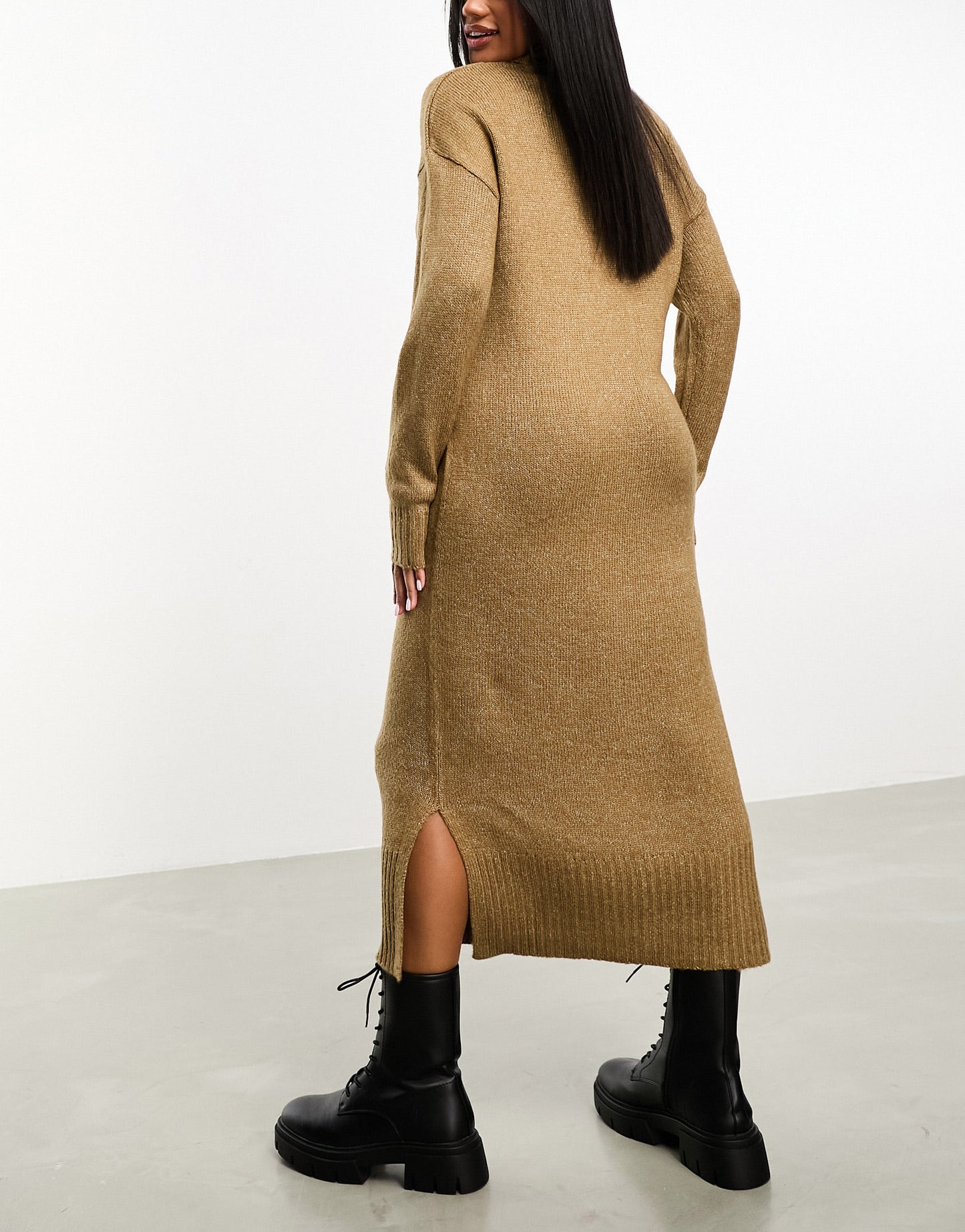 Threadbare Skylar roll neck oversized maxi jumper dress in taupe