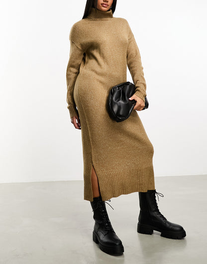 Threadbare Skylar roll neck oversized maxi jumper dress in taupe