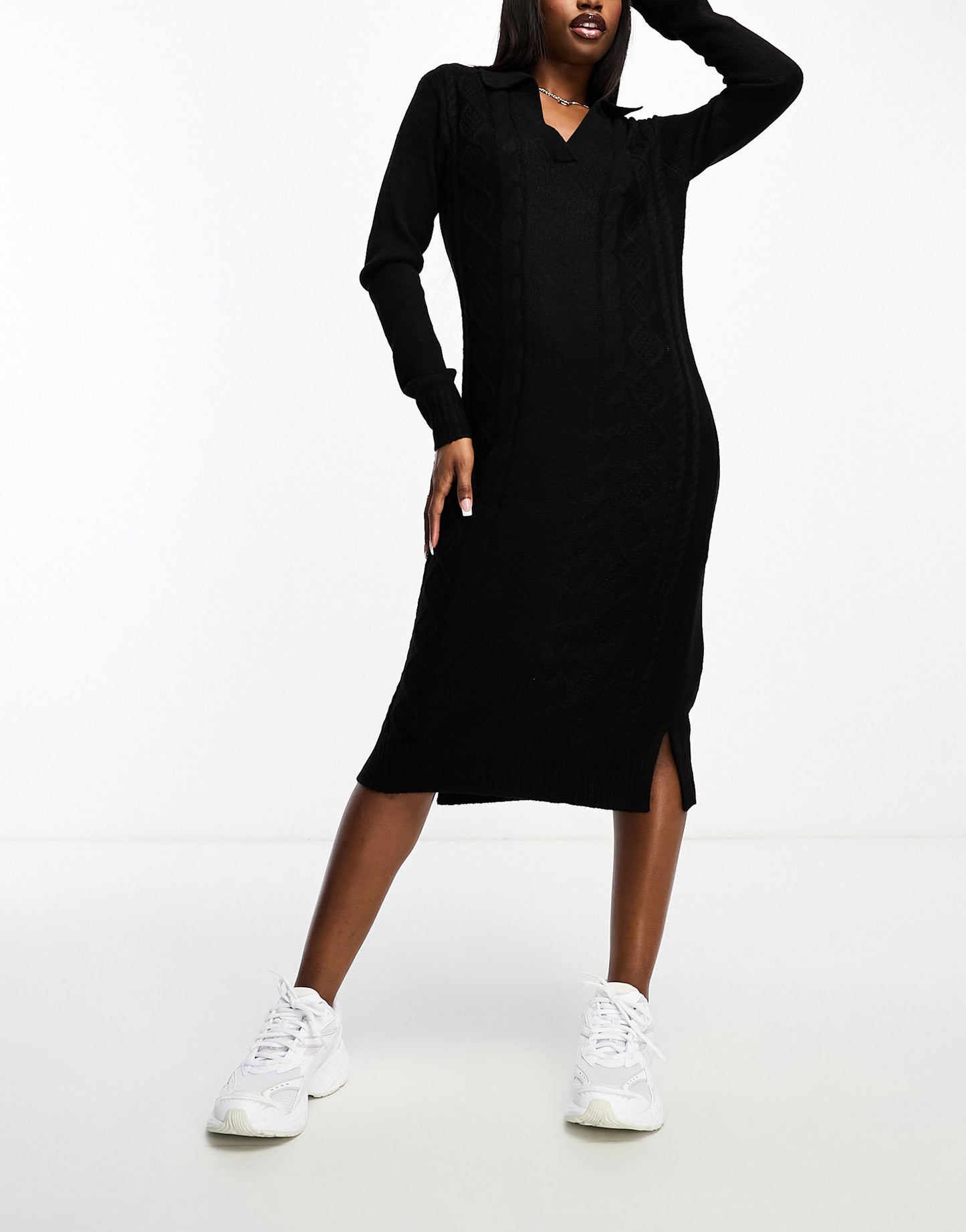 Threadbare Sadie v neck cable knitted midi jumper dress in black