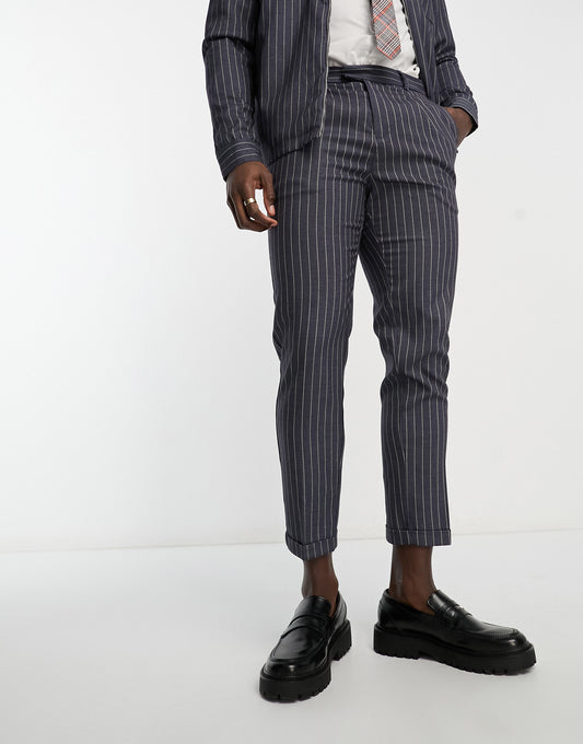 New Look smart pleat front pinstripe trousers in dark blue