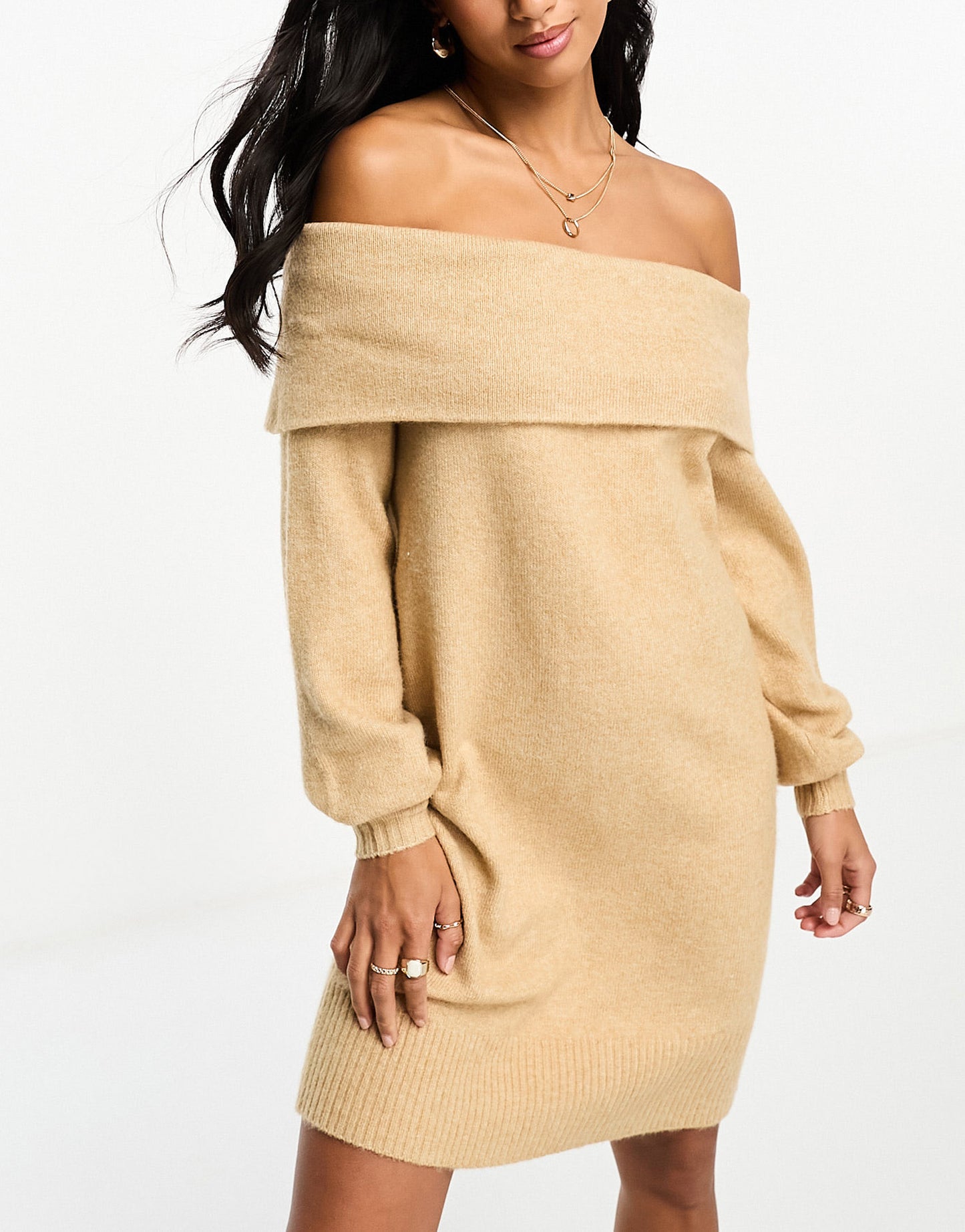 Threadbare Petite Parker off shoulder jumper dress in taupe