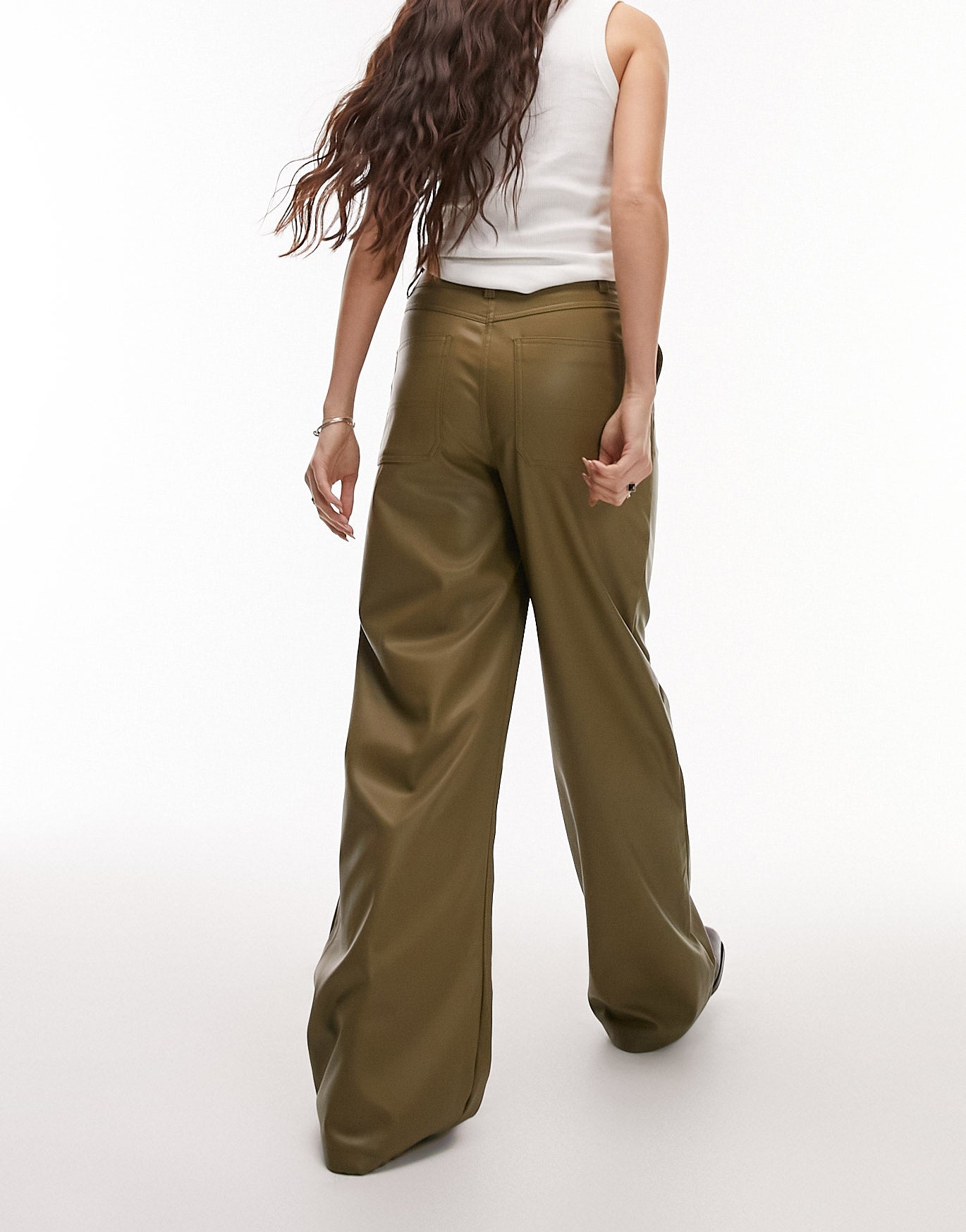 Topshop faux leather wide leg trouser in green