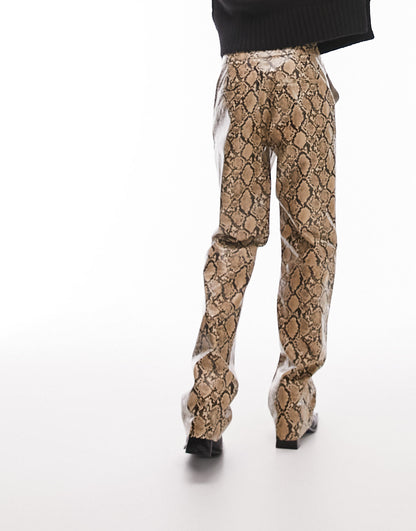 Topshop faux leather snake print straight leg trouser in multi