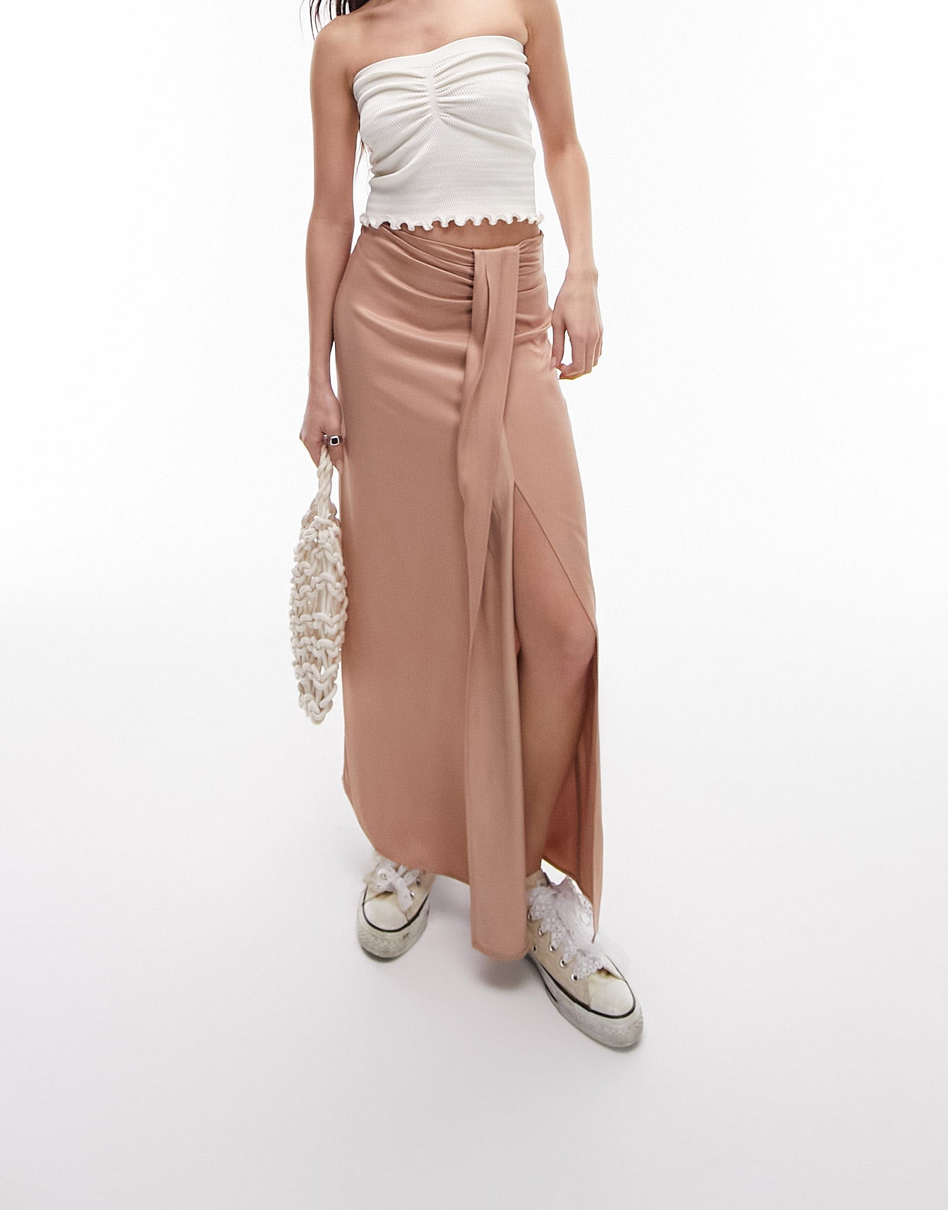 Topshop satin tuck detail midi skirt in blush