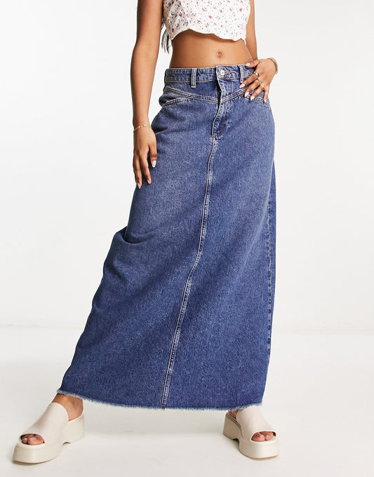 Free People denim maxi skirt in dark indigo